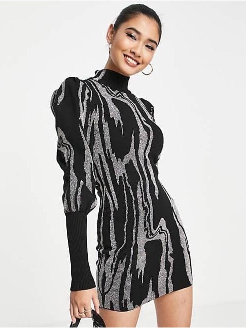River Island Black & Silver Patterned Puff Sleeve Mini Metallix Sweater Dress